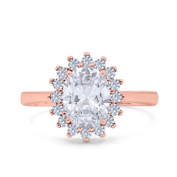 14K Rose Gold Halo Art Deco Oval Wedding Ring Simulated Cubic Zirconia Size-7